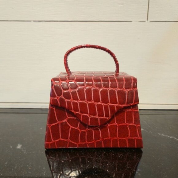 Vintage bag  Jewelry Box With Mirror Red Crocodile Pattern Faux Leather travel p - Picture 1 of 10